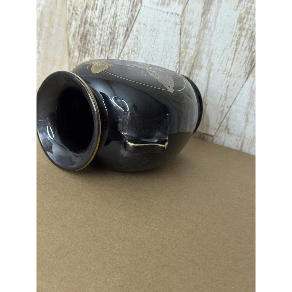 Vintage Imported Japanese Black‎ Vase w/ gold trim Butterfly Ceramic